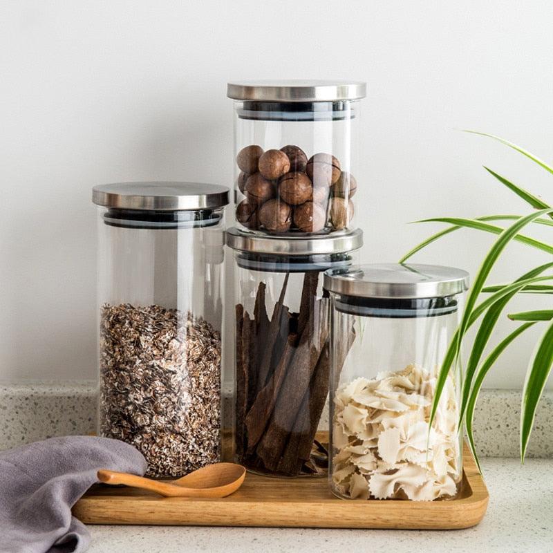 Container for Cereals Glass Jars with Stainless Steel Cover Glass Spice Jars Storage Tank Food Contain Coffee Bean Jars - DDD.MARKET