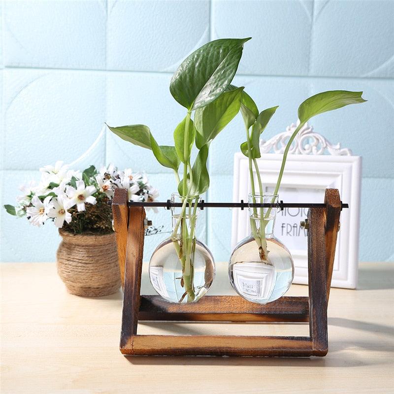 Glass and Wood Vase Planter Terrarium Table Desktop Hydroponics Plant Bonsai Flower Pot Hanging Pots with Wooden Tray Home Decor - DDD.MARKET