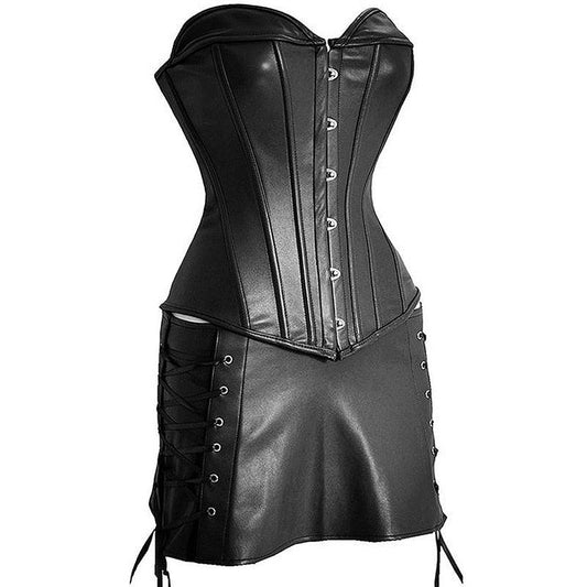 Steampunk Corset Sexy Womens Corset Dress Gothic Body Shaper Mini Skirt Dress Strapless Black Faux Leather Overbust Plus Size - DDD.MARKET