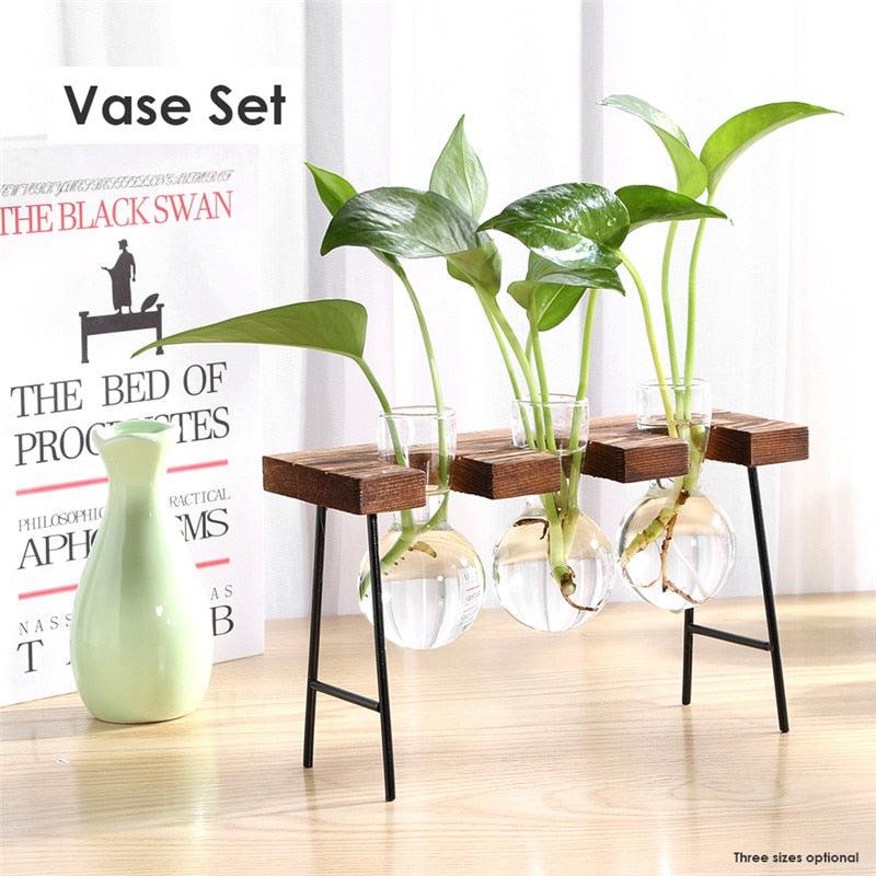 Glass and Wood Vase Planter Terrarium Table Desktop Hydroponics Plant Bonsai Flower Pot Hanging Pots with Wooden Tray Home Decor - DDD.MARKET