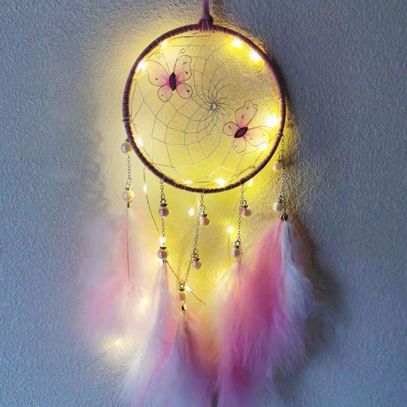 LED Lamp Flying Wind Chimes Lighting Dream Catcher Handmade Gifts Dreamcatcher Feather Pendant Romantic Creative Wall Hanging - DDD.MARKET