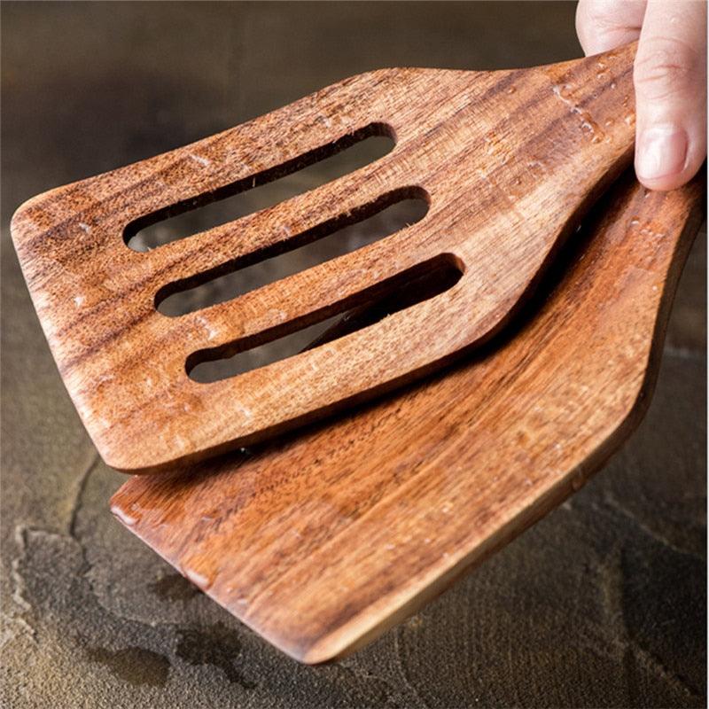 Teak Natural Wooden Tableware Spatulas Turners Long Handle Non-stick Kitchen Cooking Special Shovel Spatula Kitchen Tool Kits - DDD.MARKET