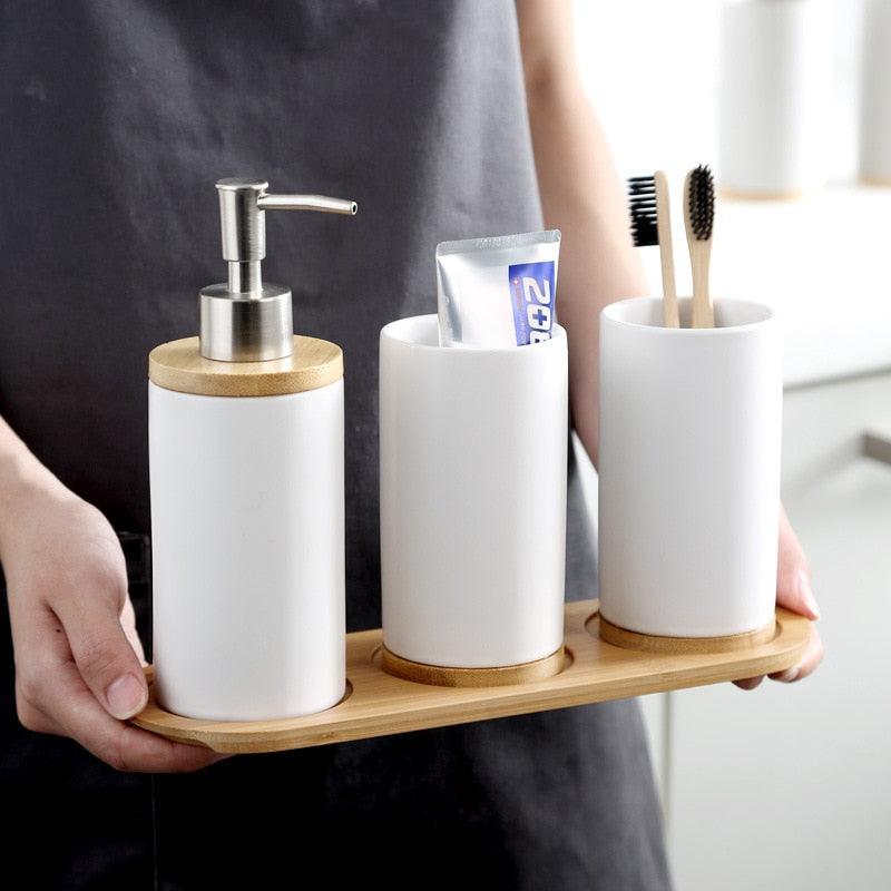 Ceramic Bamboo Toothbrush Holder Cup Bathroom Accessories Set Tumblers Bathroom Emulsion Container Dishwashing Liquid Container - DDD.MARKET