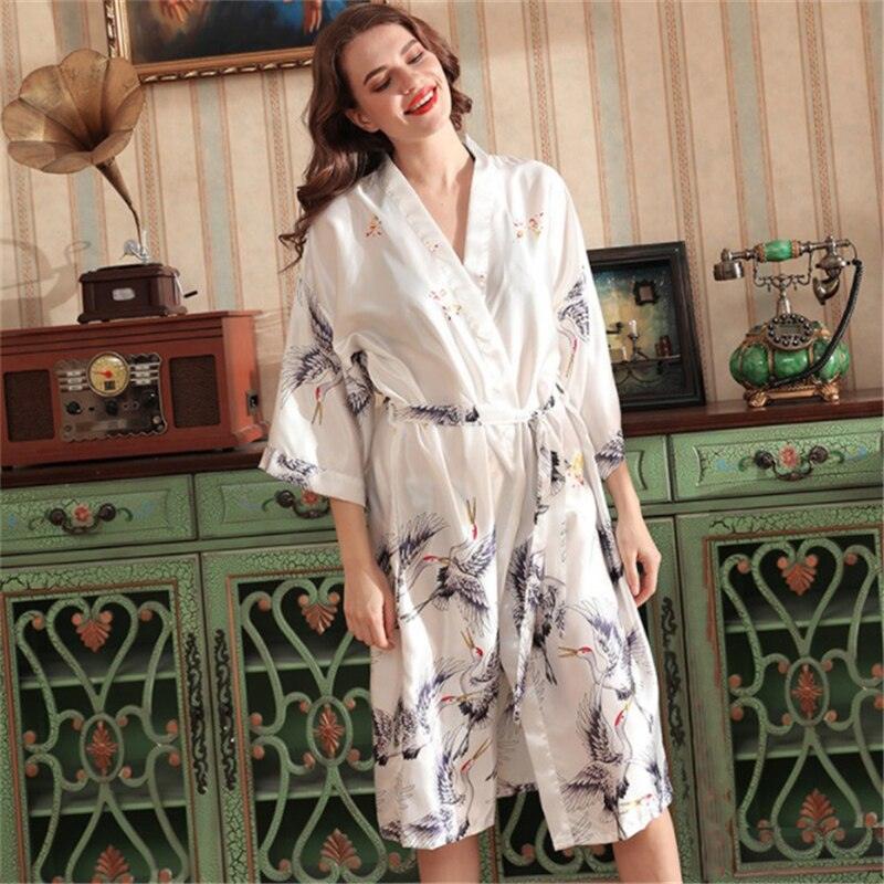 Japanese Style Long Loose Satin Peacock Woman Yukata Dress Pajamas Oriental Crane Kimono Haori Chinese Qipao Nightgown Robe - DDD.MARKET