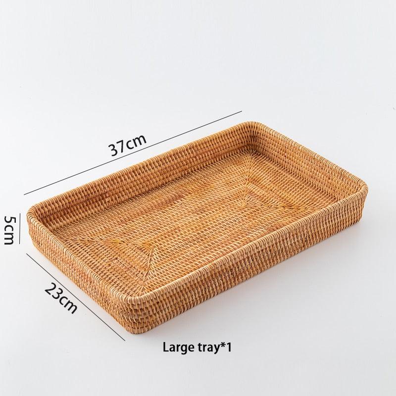 Handwoven Rattan Storage Tray Square Wicker Basket Bread Food Plate Fruit Cake Platter Dinner Serving Tray Kitchen Decoration - DDD.MARKET