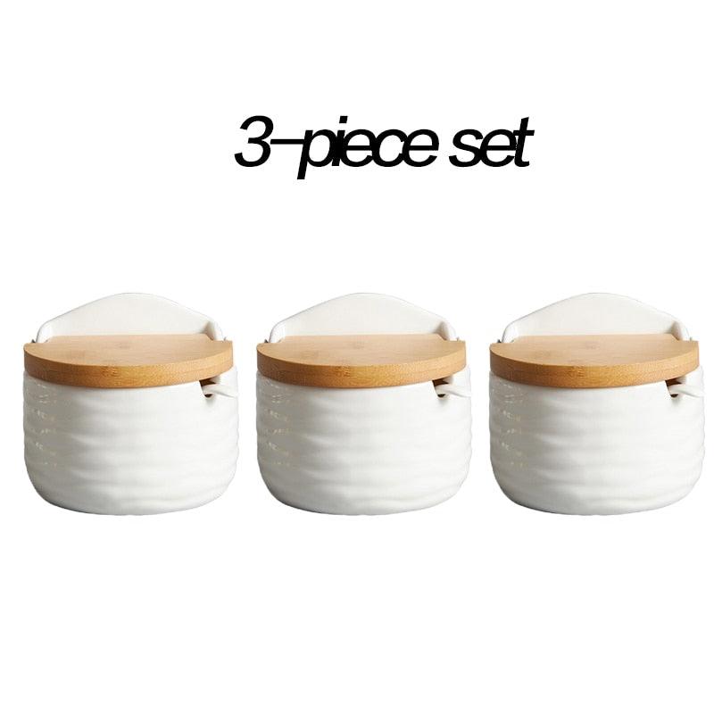 Set of 4 Ceramic Seasoning Rack Spice Pots Bowls With Spoon &amp; Porcelain Box and Bamboo Cover - Storage Container Condiment Jars - DDD.MARKET