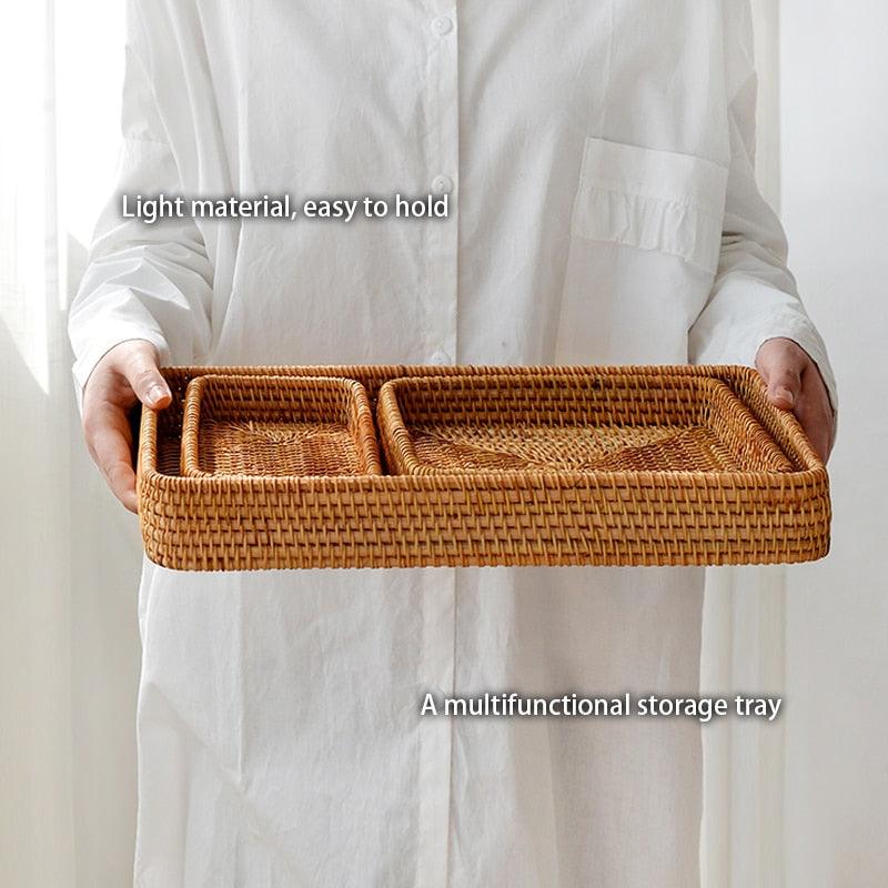 Handwoven Rattan Storage Tray Square Wicker Basket Bread Food Plate Fruit Cake Platter Dinner Serving Tray Kitchen Decoration - DDD.MARKET