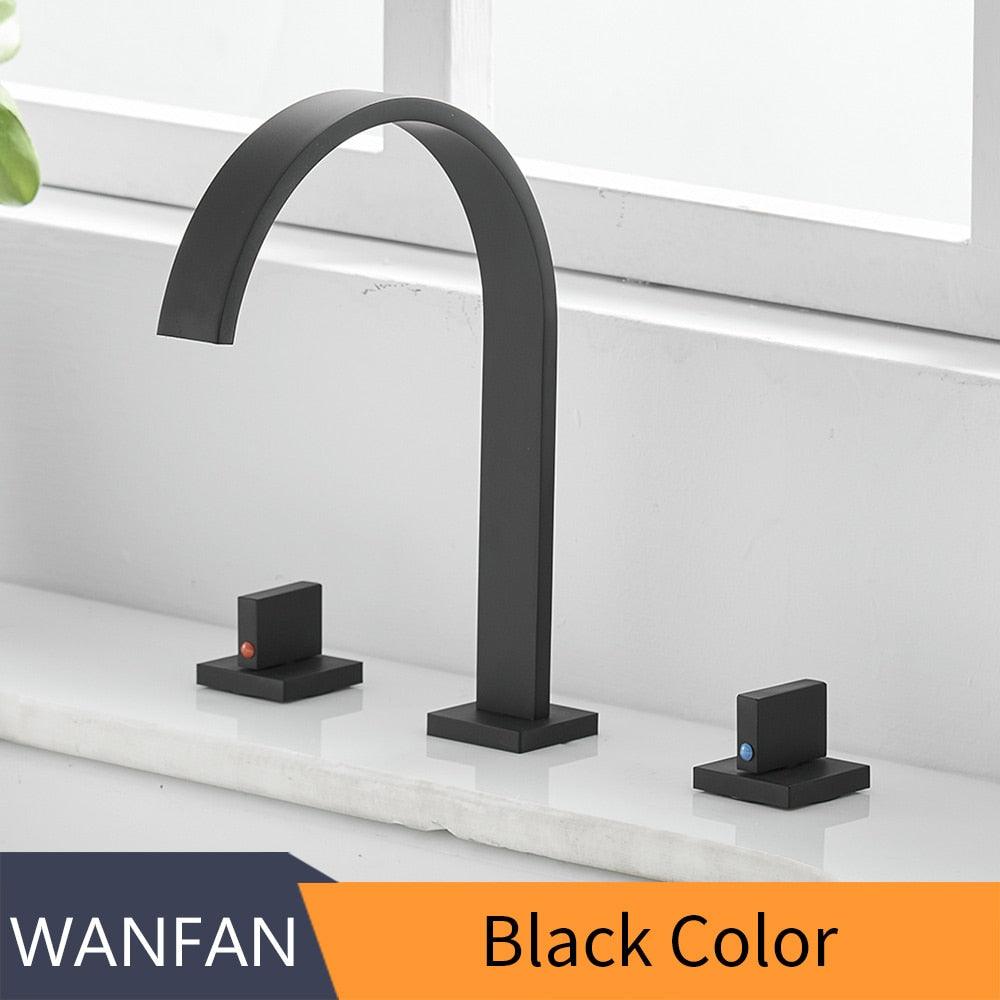 Basin Faucets Brass Polished Black Deck Mounted Square Bathroom Sink Faucets 3 Hole Double Handle Hot And Cold Water Tap LT-109R - DDD.MARKET