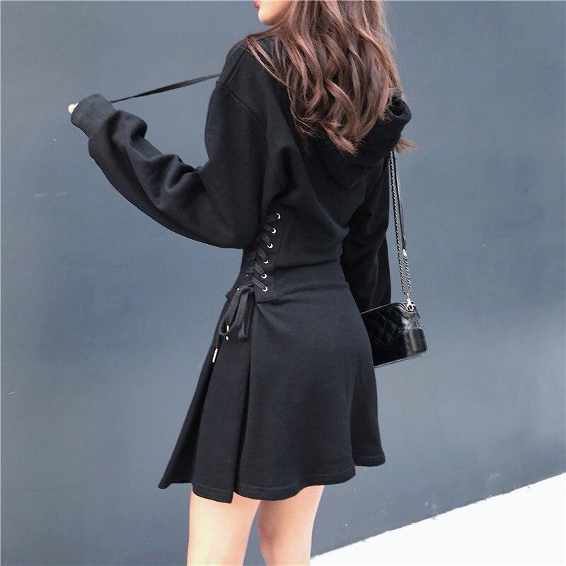 Spring 2022 Hooded Dress Women Lace Up Waist Slim Black Gothic Dress Female Short Mini Harajuku Streetwear Vestidos - DDD.MARKET