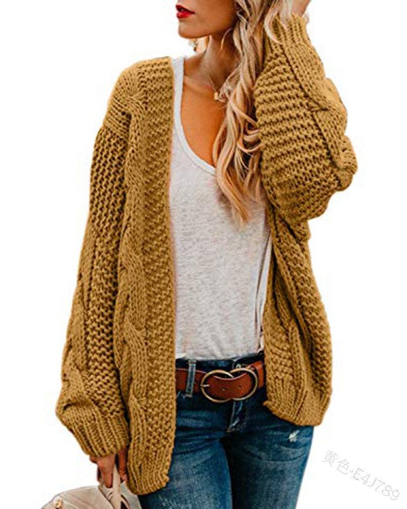 2021 spring and autumn new thick needle twist knit cardigan women&#39;s mid-length solid color casual loose coat cardigan - DDD.MARKET