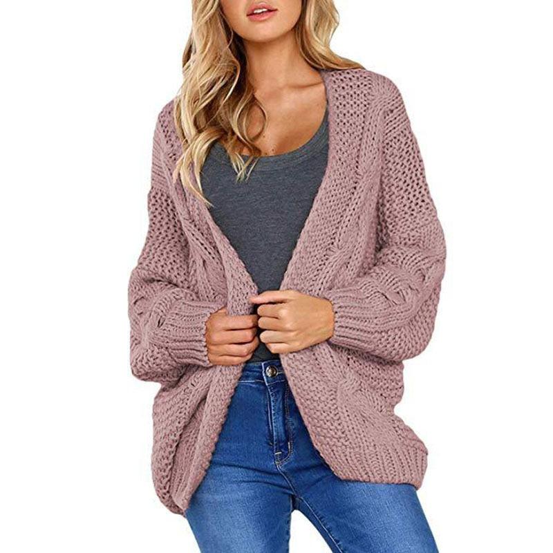 2021 spring and autumn new thick needle twist knit cardigan women&#39;s mid-length solid color casual loose coat cardigan - DDD.MARKET