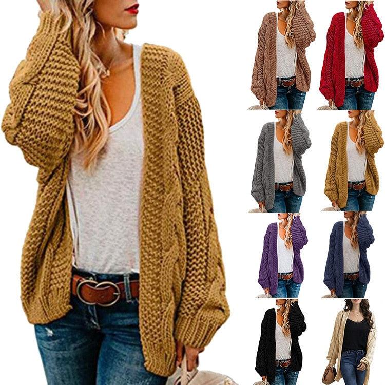 2021 spring and autumn new thick needle twist knit cardigan women&#39;s mid-length solid color casual loose coat cardigan - DDD.MARKET