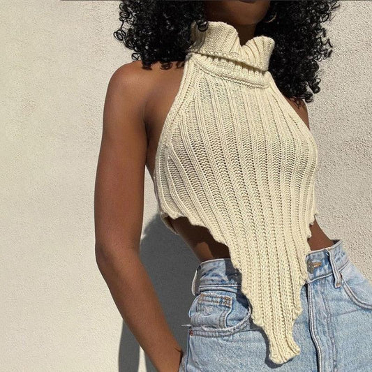 Women Fashion Knitted Worsted Vest   Irregular Shape Cut Out High Street Style Top Cascading Turtleneck Sleeveless Wear - DDD.MARKET