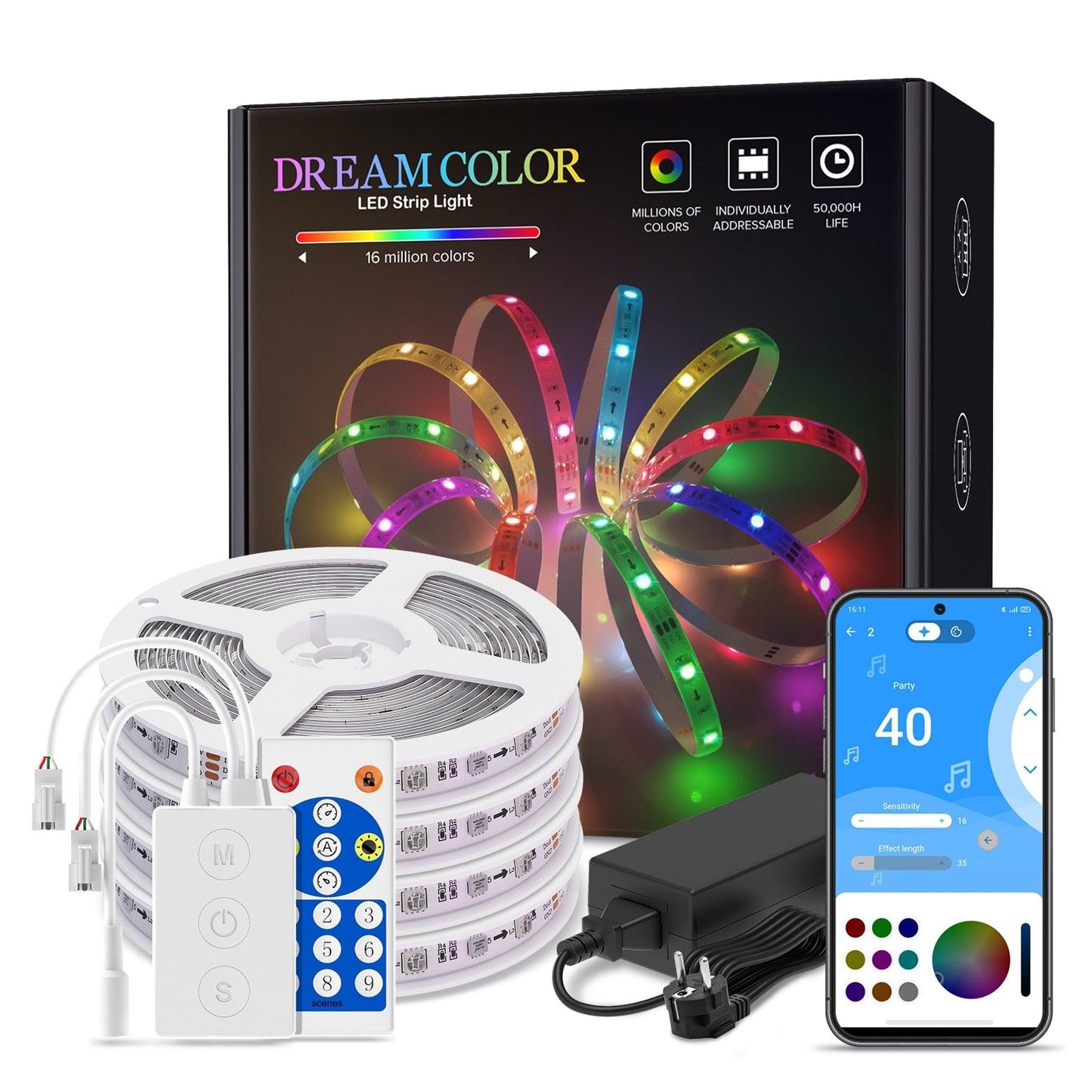 Dreamcolor LED Light Strip Bluetooth Music APP Control WS2811 WS2812B RGBIC Flexible Led Strip Room Bedroom Party Kitchen 5m-20m - DDD.MARKET