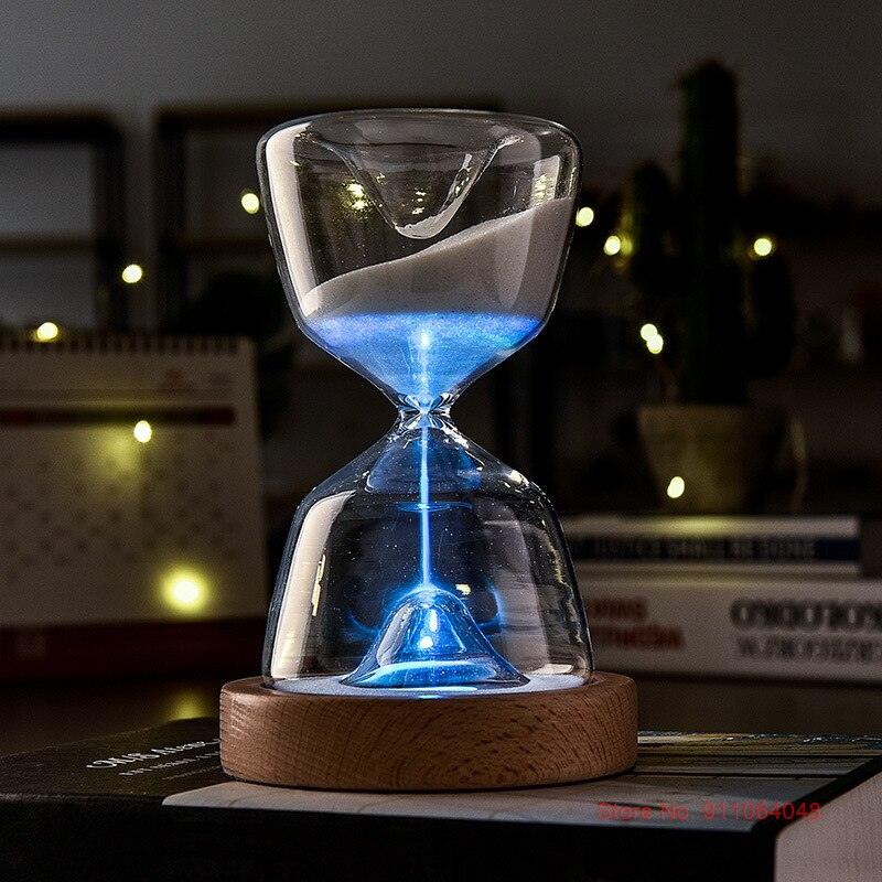 Luminous Remote Control Glass Hourglass 15 Minutes Time Timer Free Customized Laser Lettering Wood Bottom Night Light Sandglass - DDD.MARKET