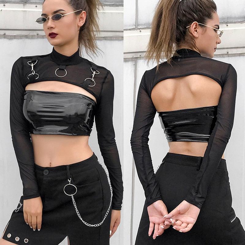 Kayotuas Women T-Shirt Sexy Hip Hop Gothic Lady Micro Short Metal Chain Lace See-through Mesh Long Sleeve Turtleneck Hot Tops - DDD.MARKET