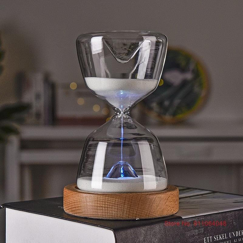 Luminous Remote Control Glass Hourglass 15 Minutes Time Timer Free Customized Laser Lettering Wood Bottom Night Light Sandglass - DDD.MARKET