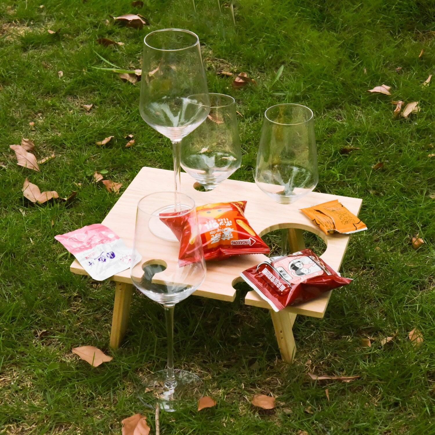 Portable Wooden Picnic Table Carry Handle Outdoor Folding Wine Table Removable Wine Glass Holder Folding Table Fruit Snack Tray - DDD.MARKET