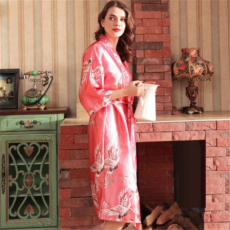 Japanese Style Long Loose Satin Peacock Woman Yukata Dress Pajamas Oriental Crane Kimono Haori Chinese Qipao Nightgown Robe - DDD.MARKET