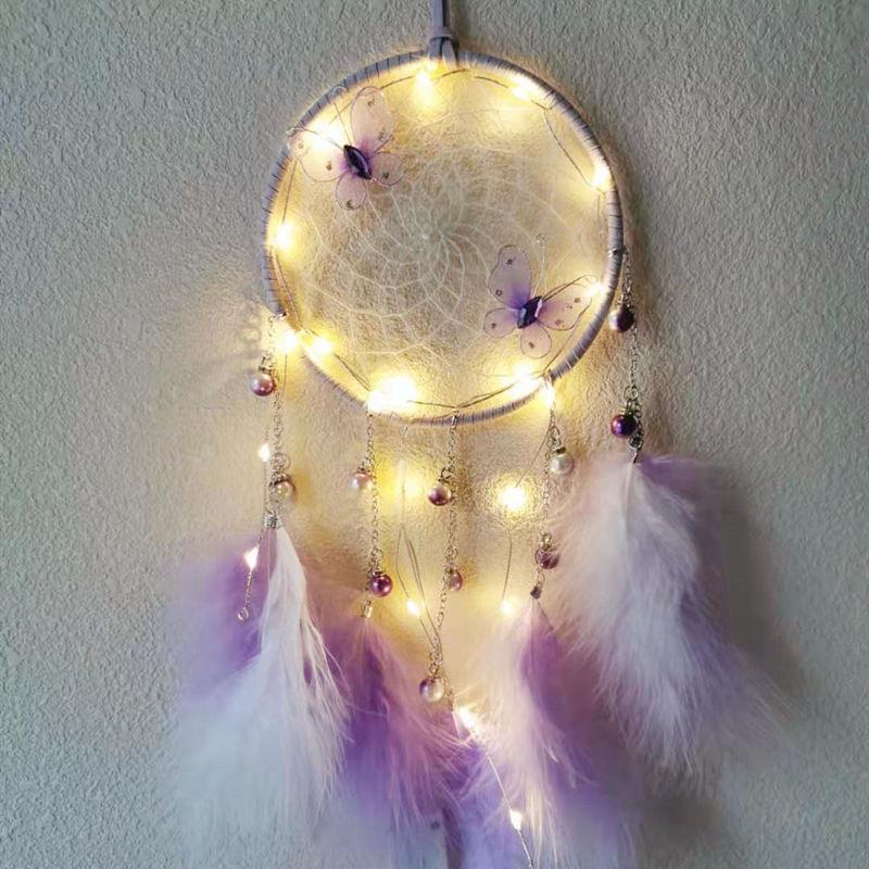 LED Lamp Flying Wind Chimes Lighting Dream Catcher Handmade Gifts Dreamcatcher Feather Pendant Romantic Creative Wall Hanging - DDD.MARKET