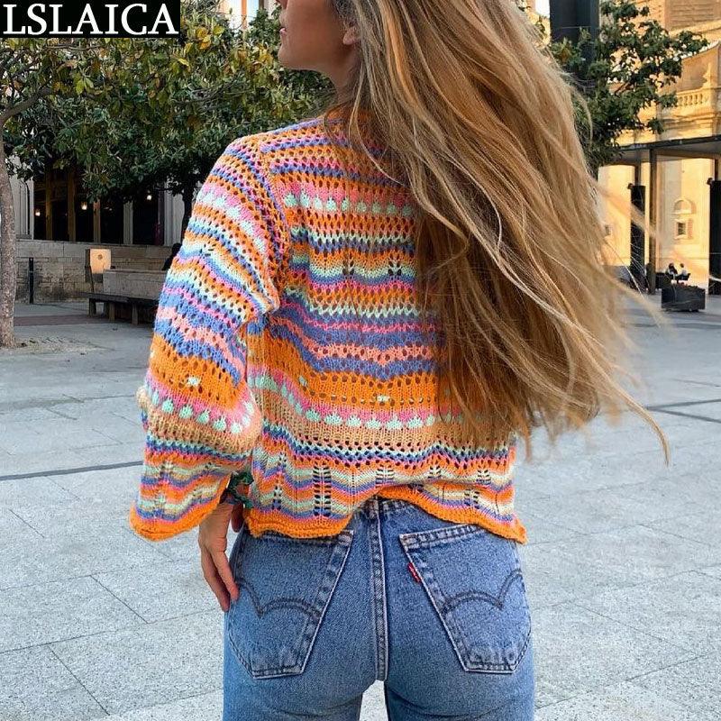 Cardigan Top Women Long Sleeve Single Button Decorated Slim Rainbow Striped Patchwork Women's Sweater Spring Autumn Fashion 2022 - DDD.MARKET