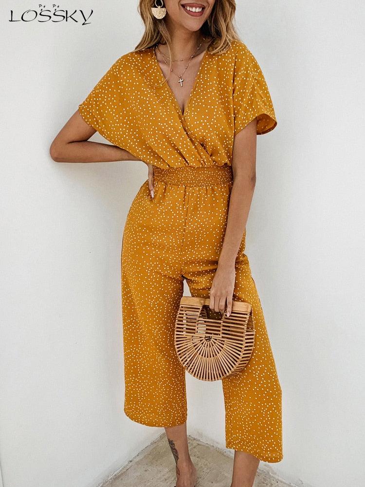 Lossky Women Jumpsuits Rompers Summer Casual Print V-neck Pocket Overalls Jumpsuit Short Sleeve Wide Leg Loose Jumpsuit - DDD.MARKET