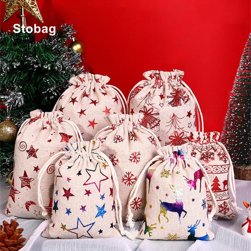 StoBag 5pcs Marry Christmas Gift Bags Bundle Small Linen Cotton Drawstring Pocket Candy Jewelry Packaging Pouch Favors New Year - DDD.MARKET