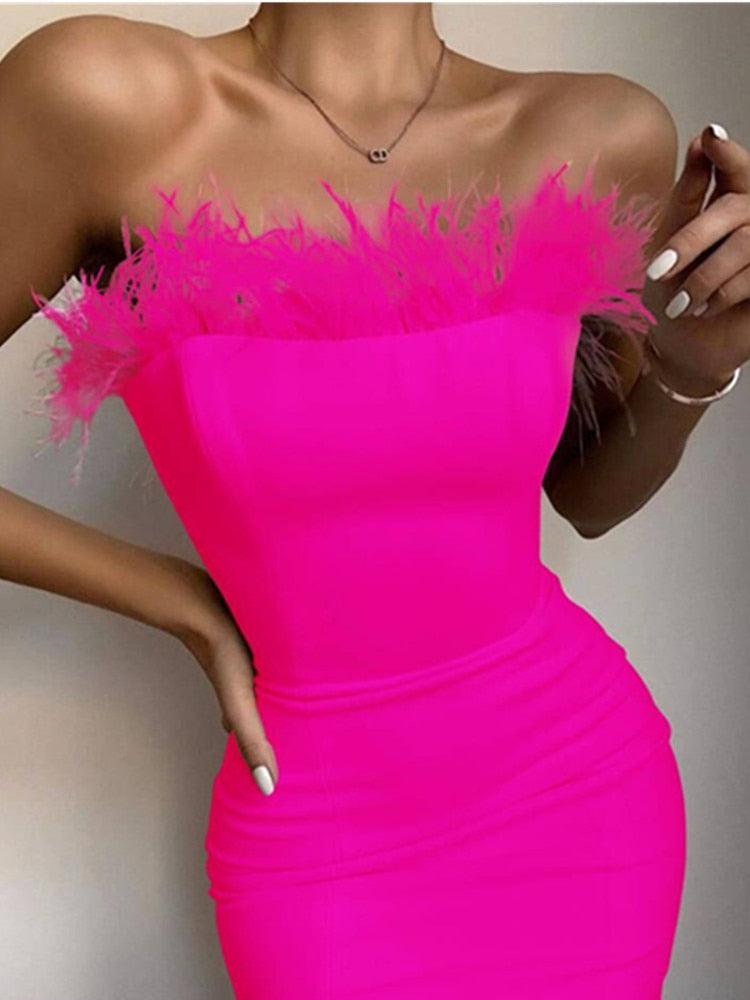 New Summer Sexy Strapless Backless Feather Black Midi Women Bodycon Bandage Dress 2022 Designer Fashion Party Club Dress Vestido - DDD.MARKET