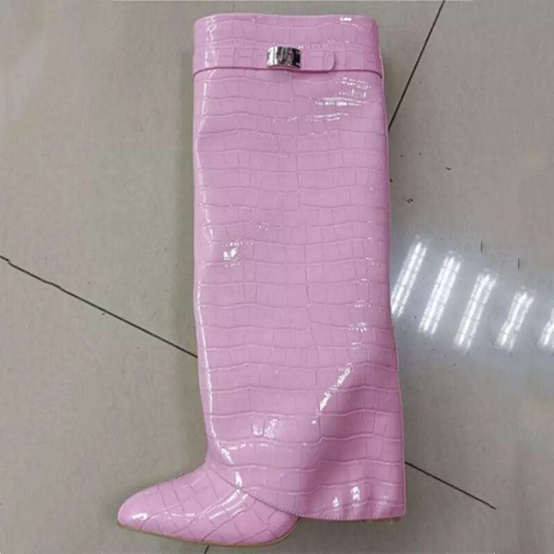 Ins Hot Spring Winter Great Quality Crocodile Print Upper Shoes Booty Knee High Pointy Toe Over-lay Side Zip Women Boots 43 - DDD.MARKET