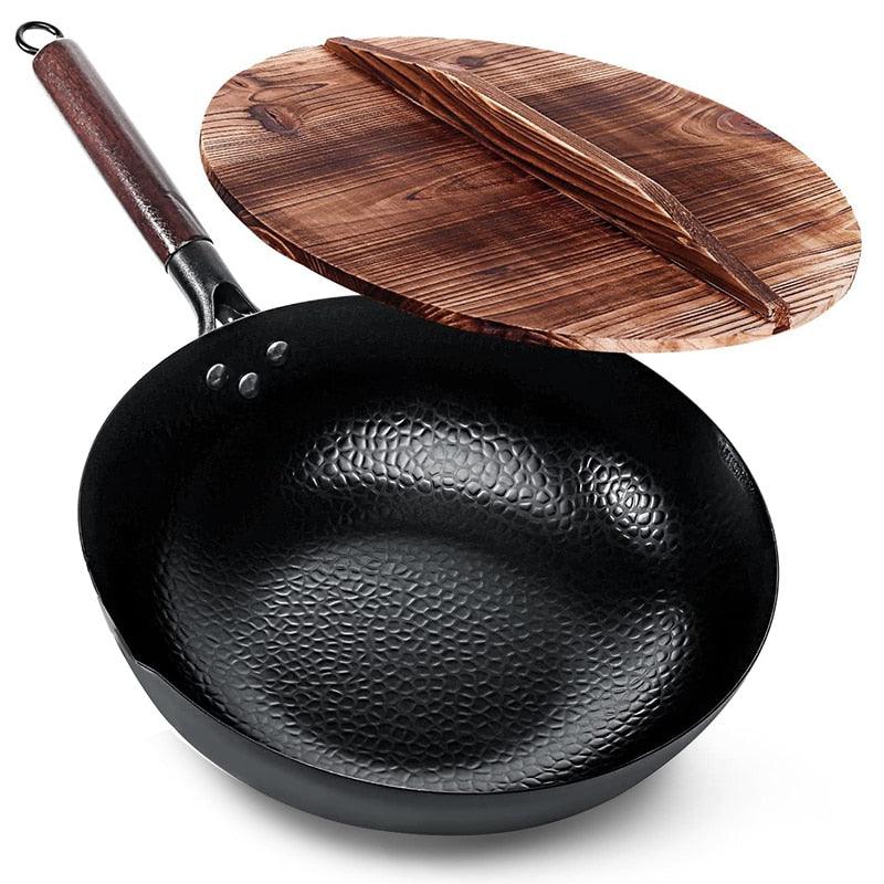 Carbon Steel Wok Pan 32cm Stir Fry Wok Set with Wooden Lid Non-Stick Flat Bottom Frying Pan for Electric Induction and Gas Stove - DDD.MARKET