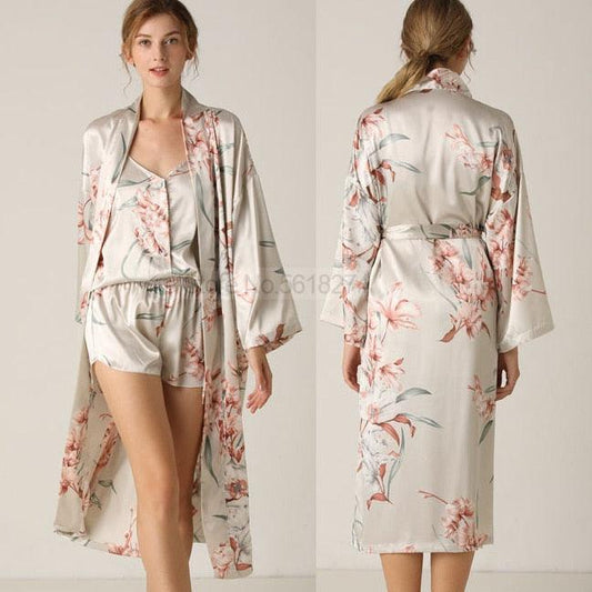 Print Flower Nighty&amp;Robe Suit Sleepwear Sexy Satin Kimono Gown Women Bathrobe Intimate Lingerie Nightwear Silky Nightgown - DDD.MARKET