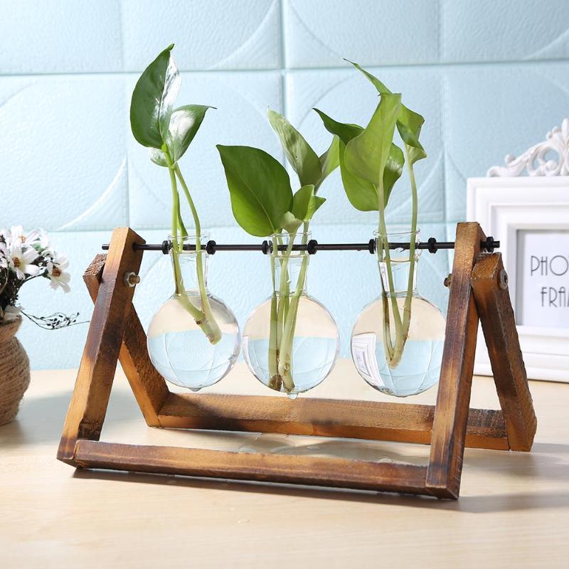 Glass and Wood Vase Planter Terrarium Table Desktop Hydroponics Plant Bonsai Flower Pot Hanging Pots with Wooden Tray Home Decor - DDD.MARKET