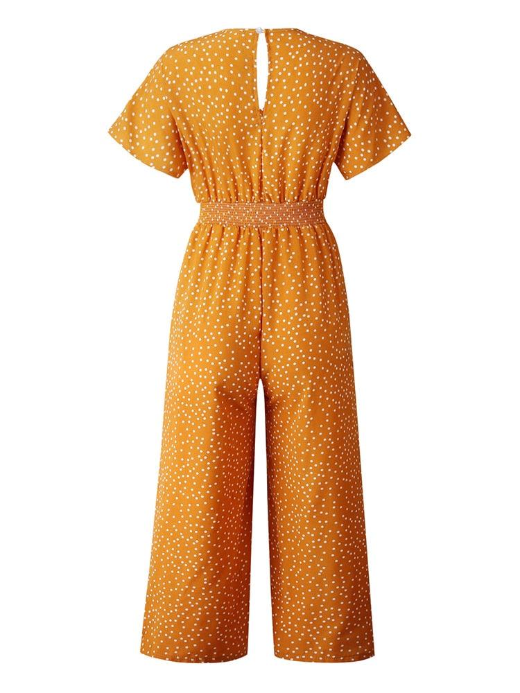 Lossky Women Jumpsuits Rompers Summer Casual Print V-neck Pocket Overalls Jumpsuit Short Sleeve Wide Leg Loose Jumpsuit - DDD.MARKET