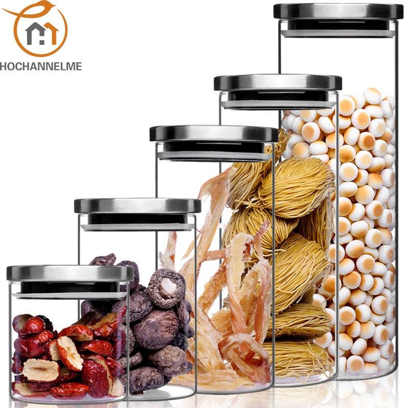 Container for Cereals Glass Jars with Stainless Steel Cover Glass Spice Jars Storage Tank Food Contain Coffee Bean Jars - DDD.MARKET