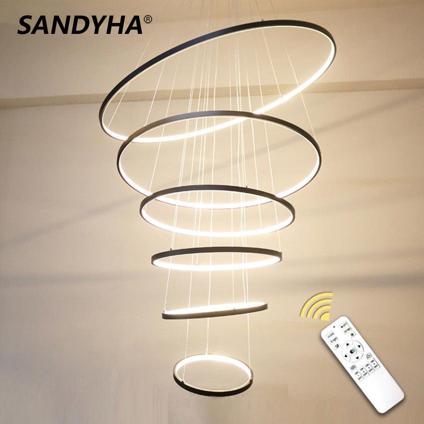 SANDYHA Nordic Ring Led Chandeliers Black Gold Remote Control Pandent Lamp Living Dining Kitchen Bedroom Home Decore Lighting - DDD.MARKET