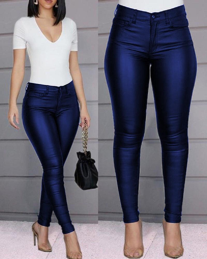 Solid Buttoned Casual Coated PU Pants Women Skinny Pencil Pants - DDD.MARKET