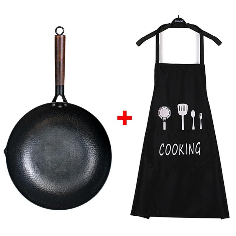 Carbon Steel Wok Pan 32cm Stir Fry Wok Set with Wooden Lid Non-Stick Flat Bottom Frying Pan for Electric Induction and Gas Stove - DDD.MARKET