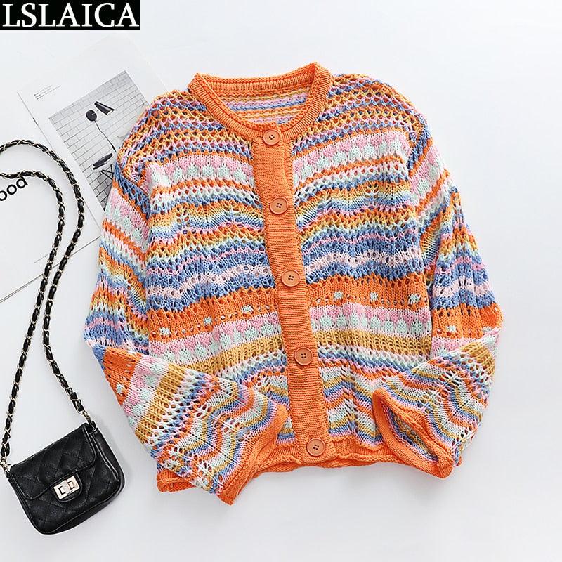 Cardigan Top Women Long Sleeve Single Button Decorated Slim Rainbow Striped Patchwork Women's Sweater Spring Autumn Fashion 2022 - DDD.MARKET