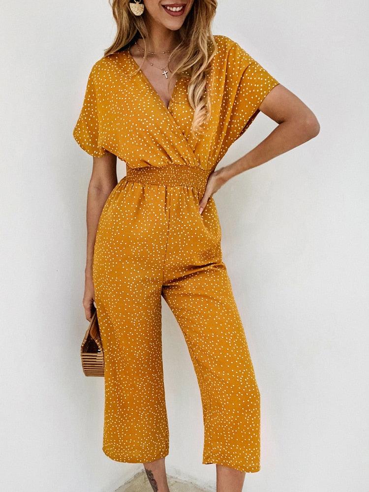 Lossky Women Jumpsuits Rompers Summer Casual Print V-neck Pocket Overalls Jumpsuit Short Sleeve Wide Leg Loose Jumpsuit - DDD.MARKET