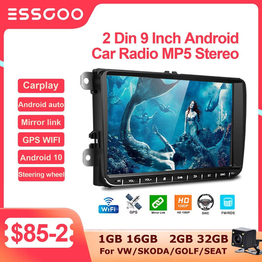 ESSGOO 2 Din Android Car Radio 9 Inch Carplay RDS AM FM Bluetooth WiFi Multimedia Autoradio For VW Volkswagen Passat B6 B7 Skoda - DDD.MARKET