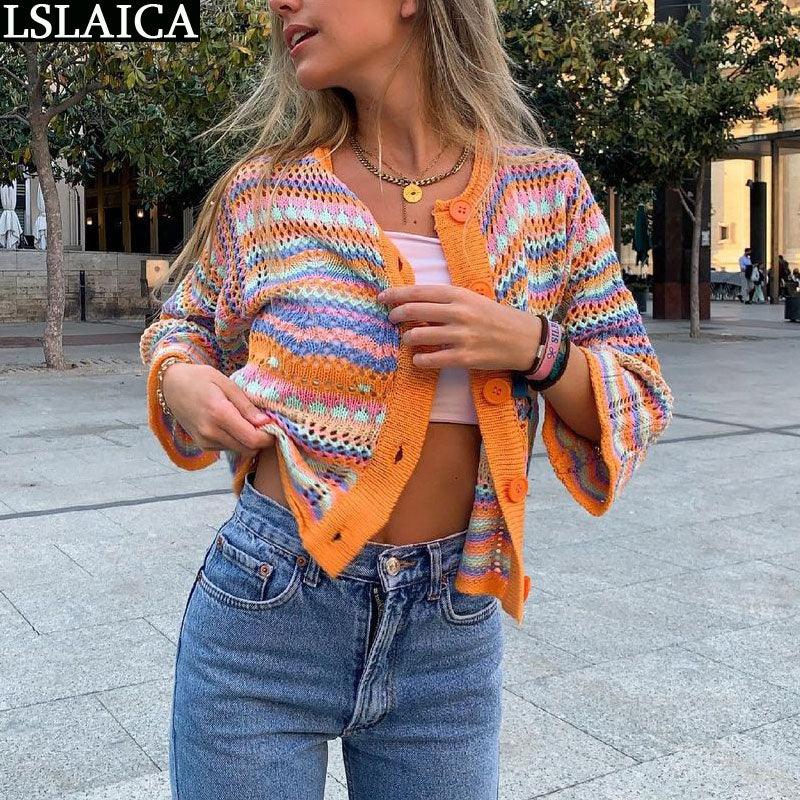 Cardigan Top Women Long Sleeve Single Button Decorated Slim Rainbow Striped Patchwork Women's Sweater Spring Autumn Fashion 2022 - DDD.MARKET