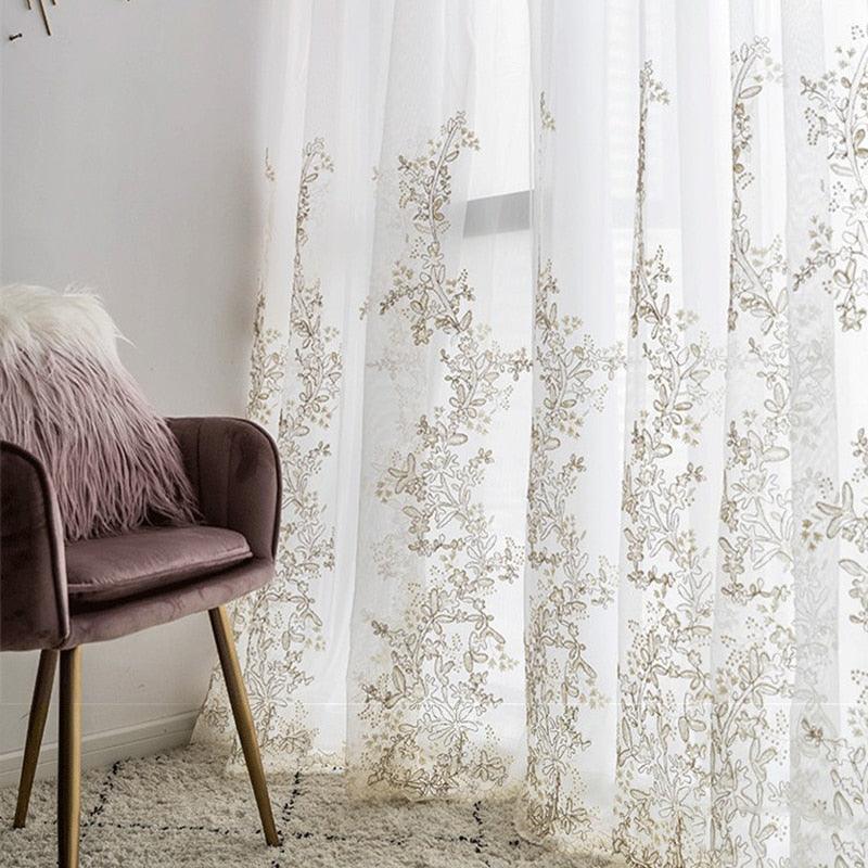 Luxury Embroidered Tulle Curtains for Bedroom Embossed Floral Romantic Sheer Delicate Rustic Window Treamnet Drapes m201C - DDD.MARKET