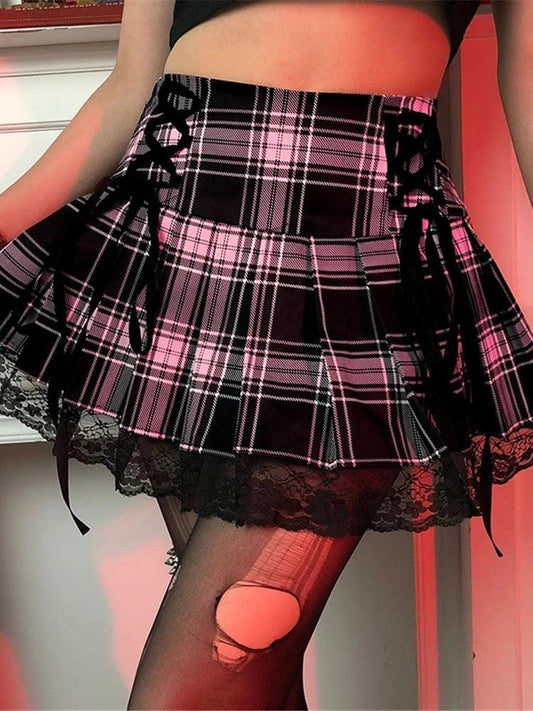 Skirts Women Lace Up Goth Skirt Plaid Lace Up Mini Skirt Female Punk Style Ladies Skirt Summer Streetwear Black Sexy Jupe Femme - DDD.MARKET