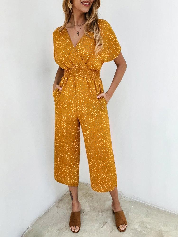 Lossky Women Jumpsuits Rompers Summer Casual Print V-neck Pocket Overalls Jumpsuit Short Sleeve Wide Leg Loose Jumpsuit - DDD.MARKET