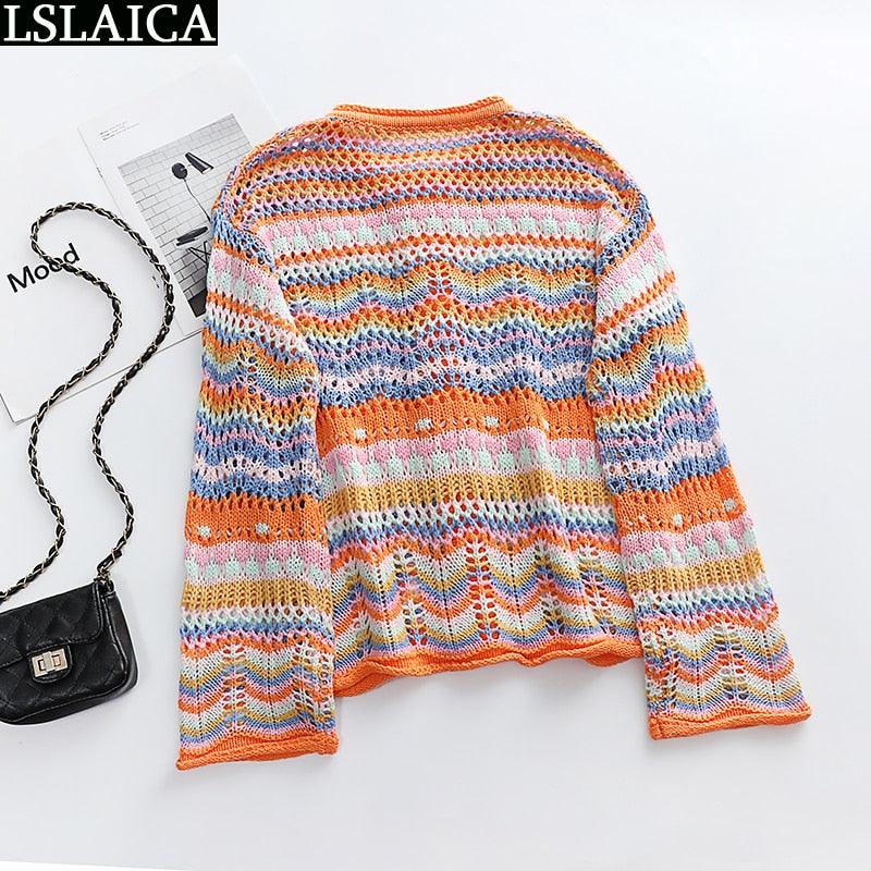 Cardigan Top Women Long Sleeve Single Button Decorated Slim Rainbow Striped Patchwork Women's Sweater Spring Autumn Fashion 2022 - DDD.MARKET