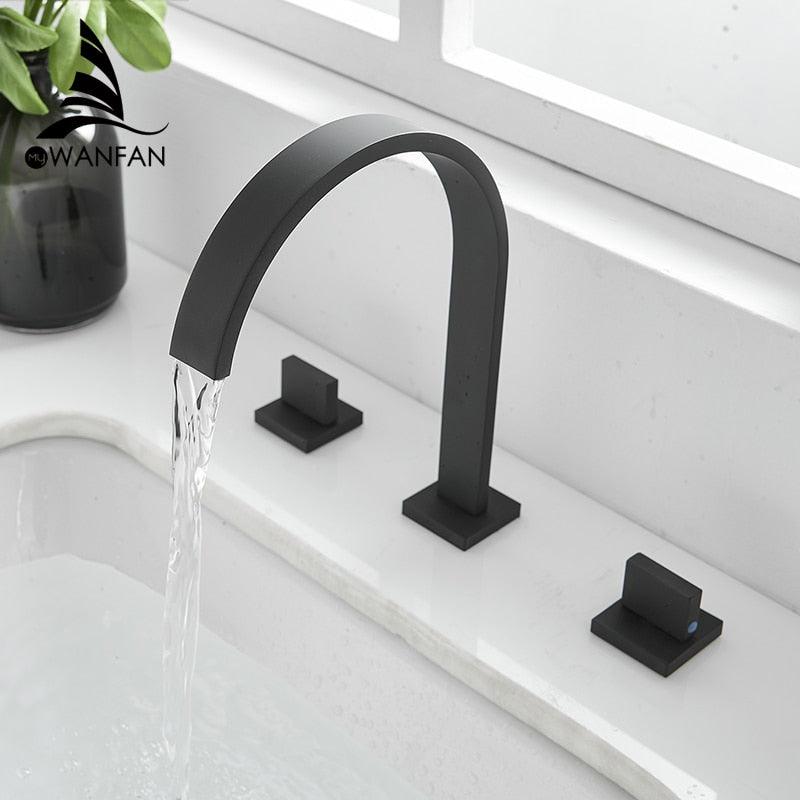 Basin Faucets Brass Polished Black Deck Mounted Square Bathroom Sink Faucets 3 Hole Double Handle Hot And Cold Water Tap LT-109R - DDD.MARKET