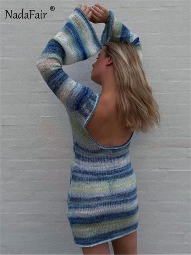 Nadafair Tie Dye Mini Knitted Sweater Dress Women Long Sleeve Autumn Outfits Sexy Backless Beach Bodycon Dress Winter Clothing - DDD.MARKET