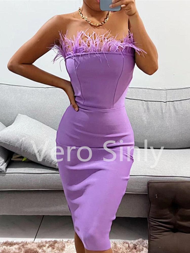 New Summer Sexy Strapless Backless Feather Black Midi Women Bodycon Bandage Dress 2022 Designer Fashion Party Club Dress Vestido - DDD.MARKET