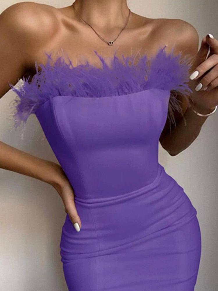 New Summer Sexy Strapless Backless Feather Black Midi Women Bodycon Bandage Dress 2022 Designer Fashion Party Club Dress Vestido - DDD.MARKET