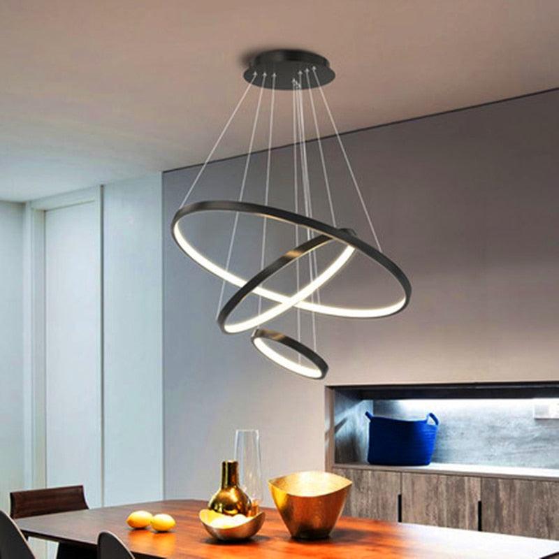 SANDYHA Nordic Ring Led Chandeliers Black Gold Remote Control Pandent Lamp Living Dining Kitchen Bedroom Home Decore Lighting - DDD.MARKET